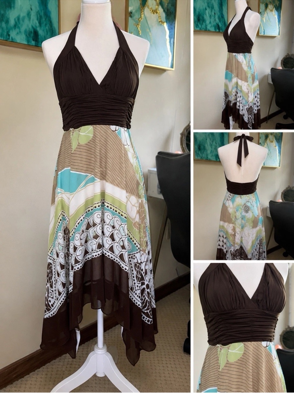 DressBarn Collection Size 6 Brown Halter High Low Dress Chiffon Empire Waist